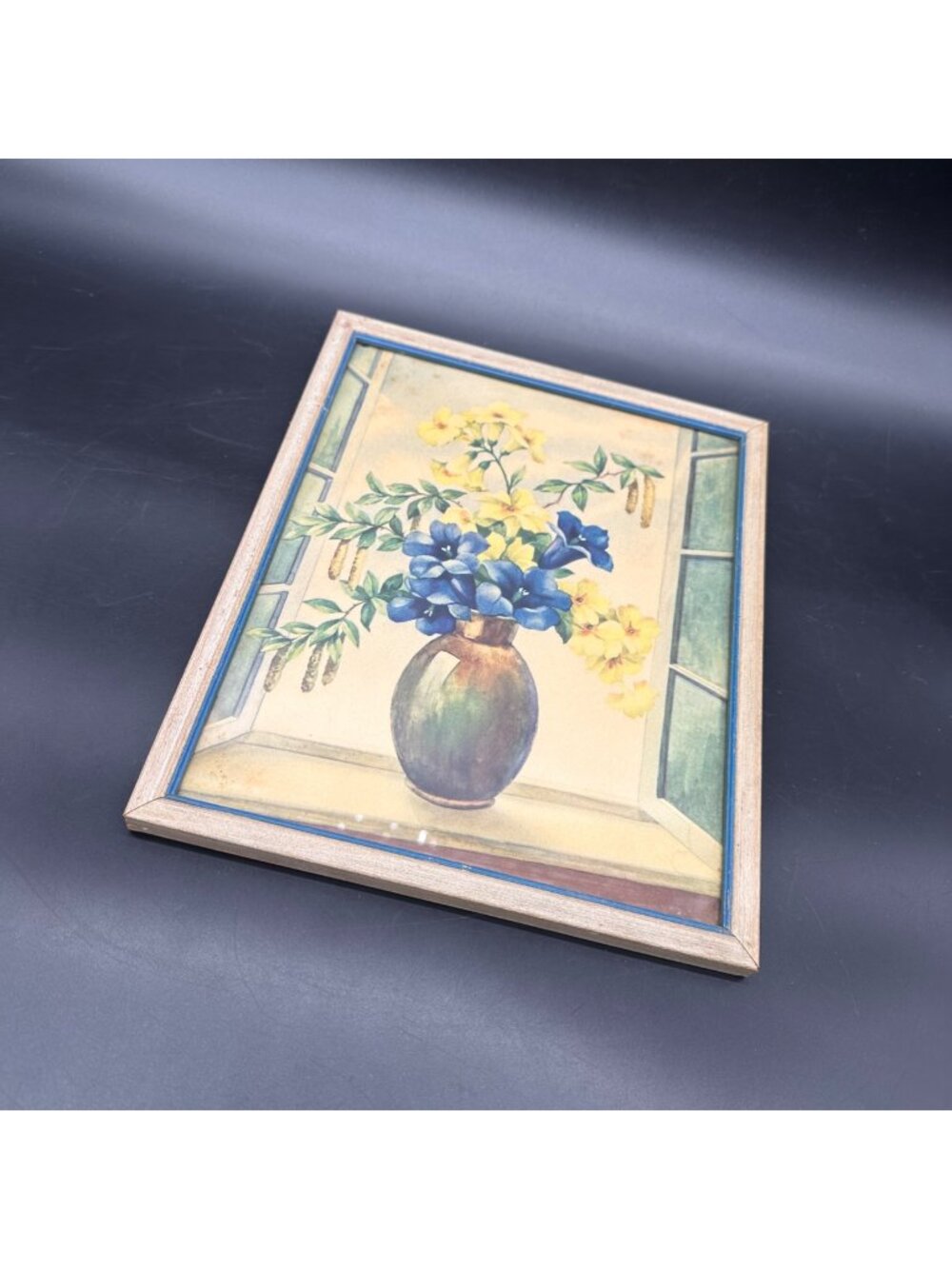 Vintage Floral Still Life Print Blue Yellow Framed Wall Hanging 1940s Art Deco